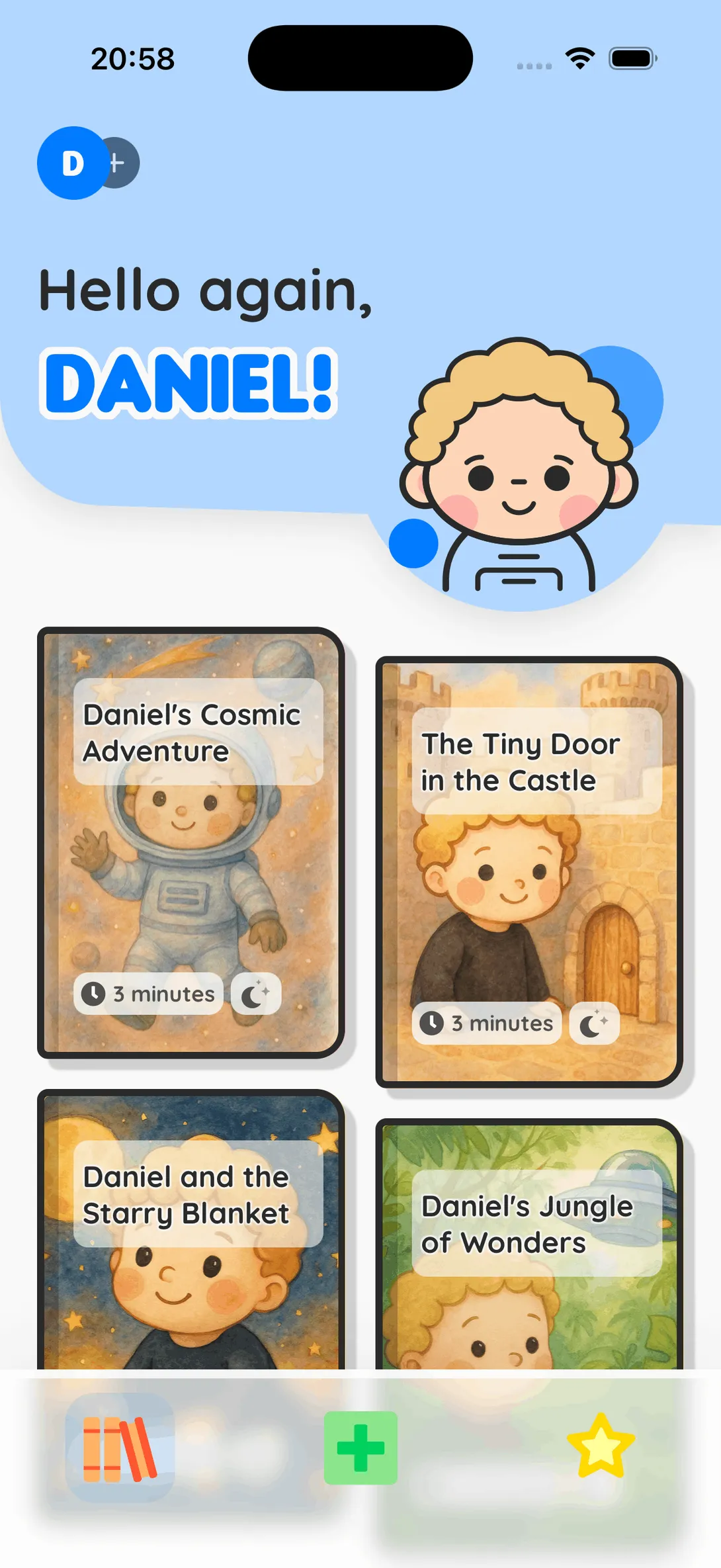 Your Story Time app showing a personalised bedtime story with custom illustrations