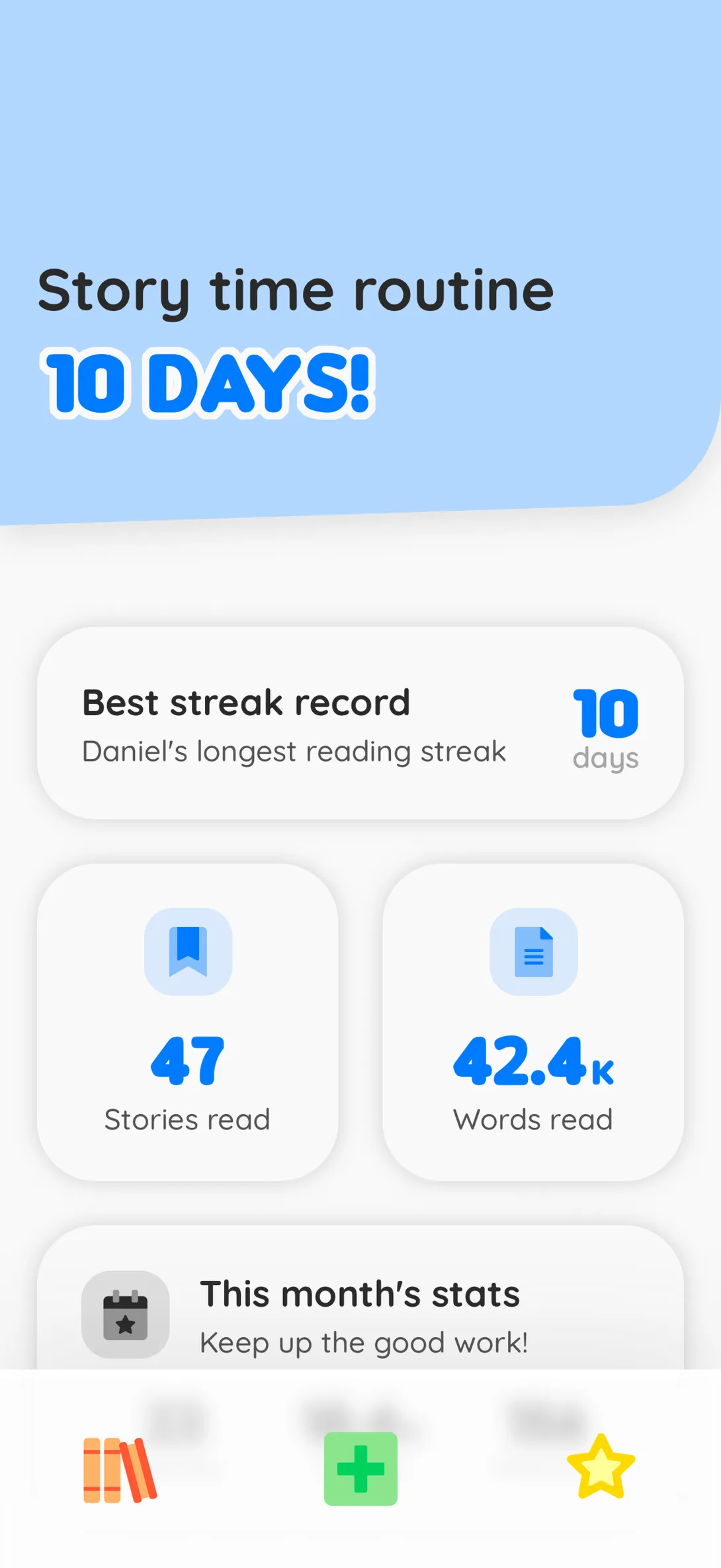 Child's reading progress tracker with streaks and stories read